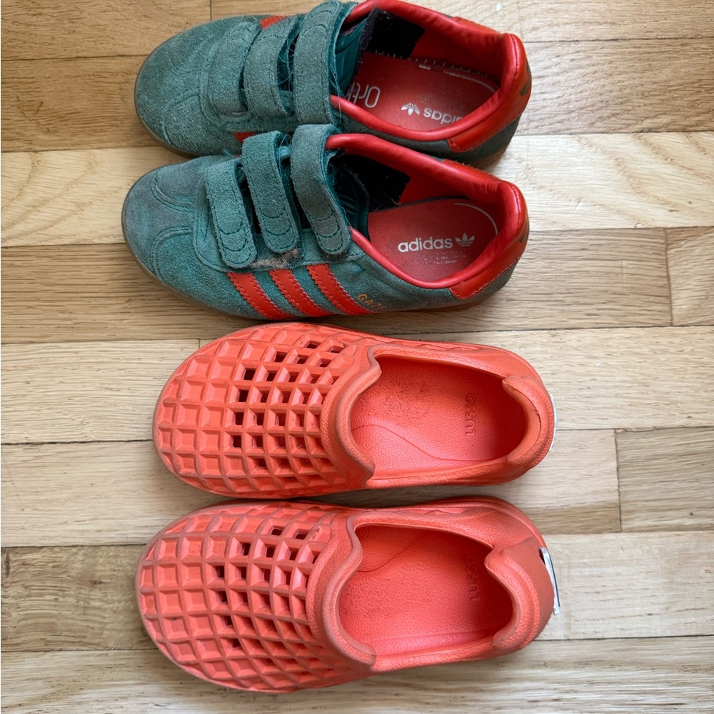 Boys Size 11 Adidas + Lusso Cloud Kids Green and Orange Shoes Sold as Set
